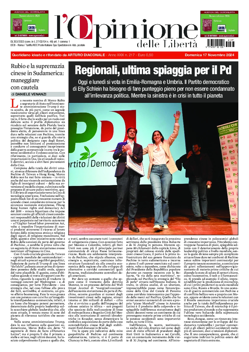 Prima-pagina-opinione della liberta-edizione-di-oggi-2024-11-18